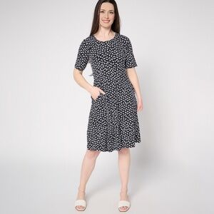 Susan Graver Size XL Liquid Knit Fit & Flare Dress Black Geo Print